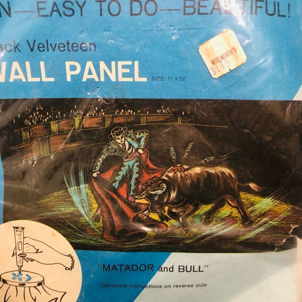 vintage 60's mcm black velveteen painting wall panel kit madator‎ and bull retr